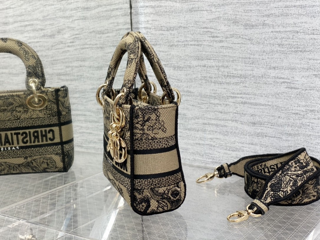 D*or mini lady d-lite bag in brown toile de jouy embroidery