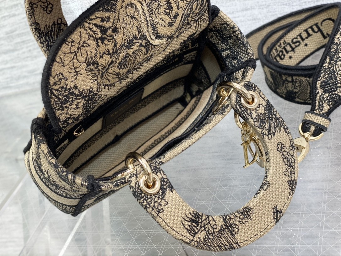 D*or mini lady d-lite bag in brown toile de jouy embroidery