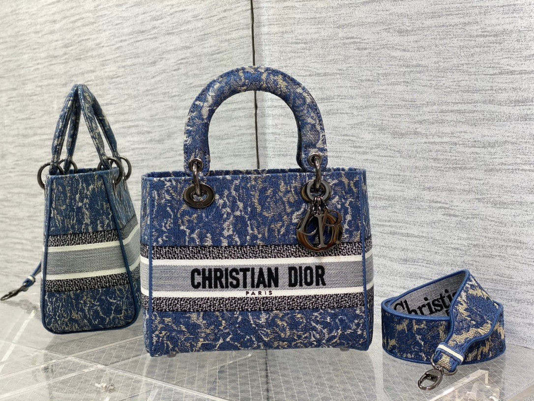 D*or medium lady d-lite bag in blue brocart denim-effect embroidery