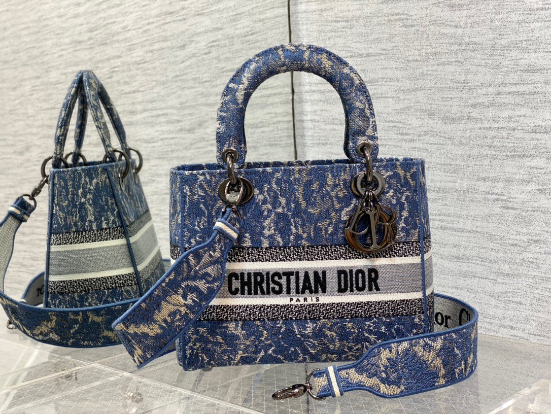 D*or medium lady d-lite bag in blue brocart denim-effect embroidery