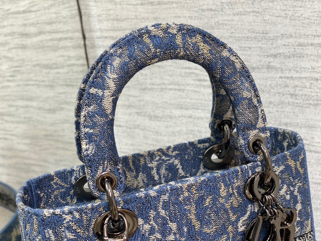 D*or medium lady d-lite bag in blue brocart denim-effect embroidery