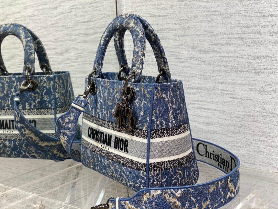 D*or medium lady d-lite bag in blue brocart denim-effect embroidery
