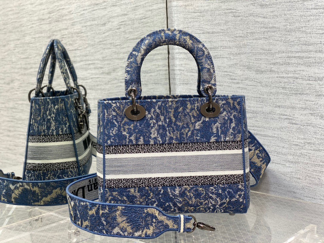 D*or medium lady d-lite bag in blue brocart denim-effect embroidery