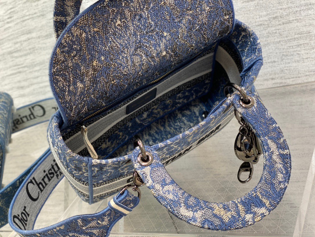 D*or medium lady d-lite bag in blue brocart denim-effect embroidery
