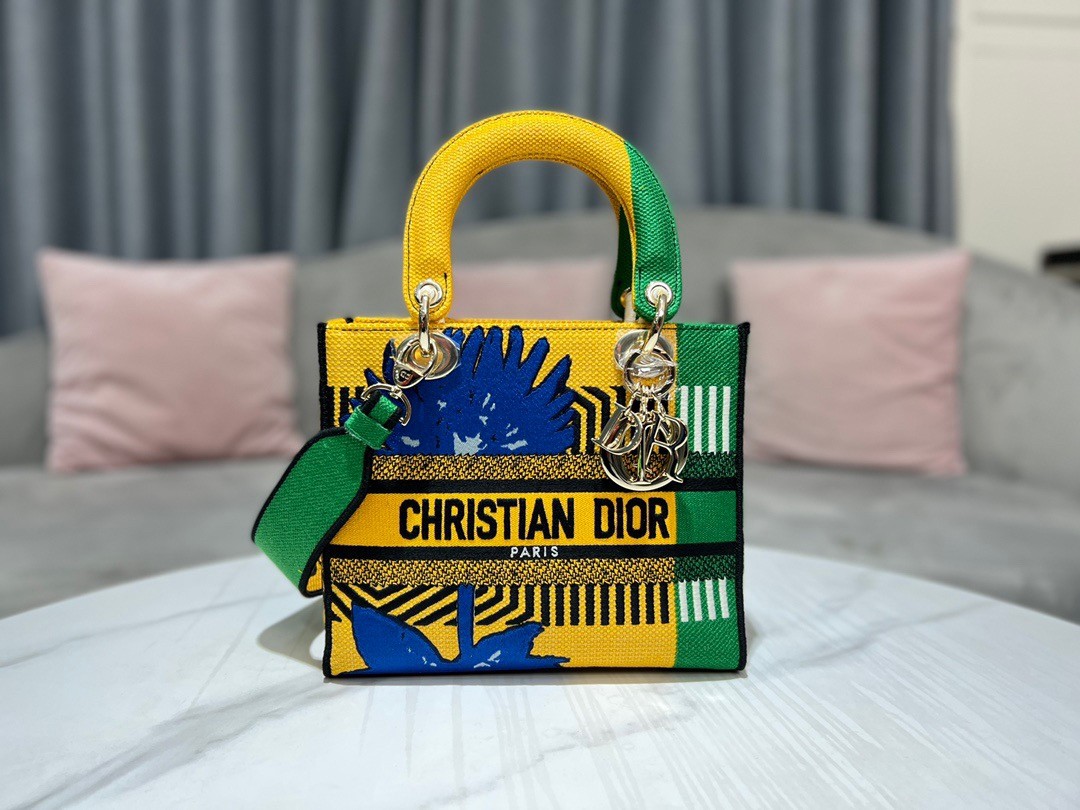 D*or medium lady d-lite bag in yellow and green d-flower pop embroidery