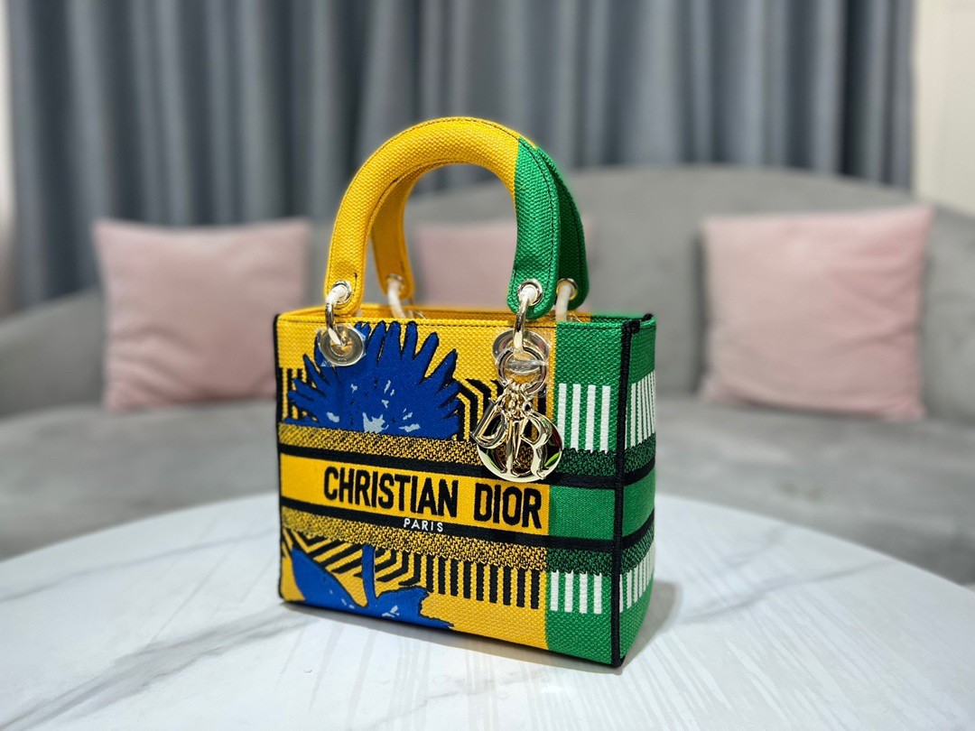 D*or medium lady d-lite bag in yellow and green d-flower pop embroidery