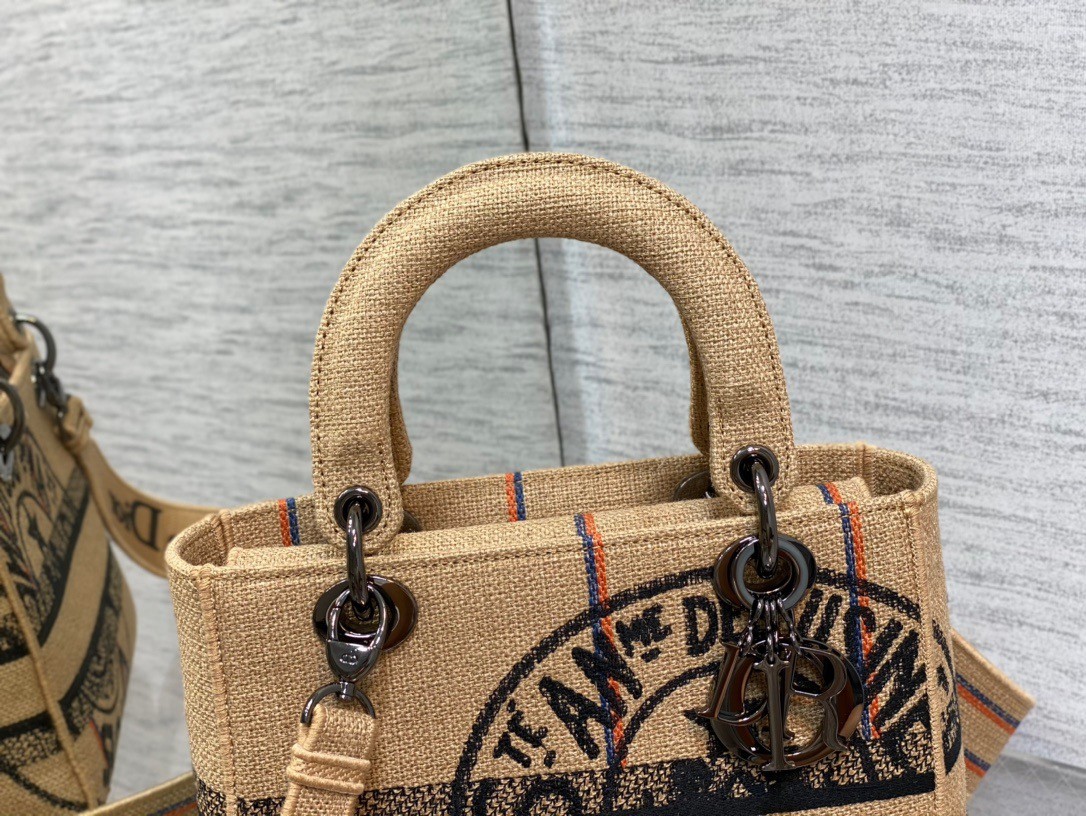 D*or medium lady d-lite bag in beige jute canvas with D*or union motif