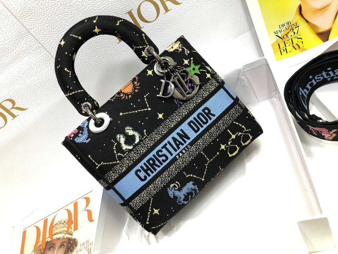 D*or medium lady d-lite bag in black pixel zodiac embroidery