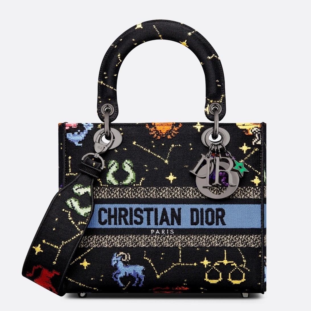 D*or medium lady d-lite bag in black pixel zodiac embroidery