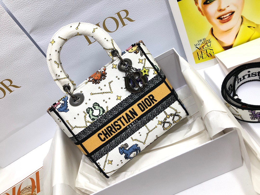 D*or medium lady d-lite bag in white pixel zodiac embroidery