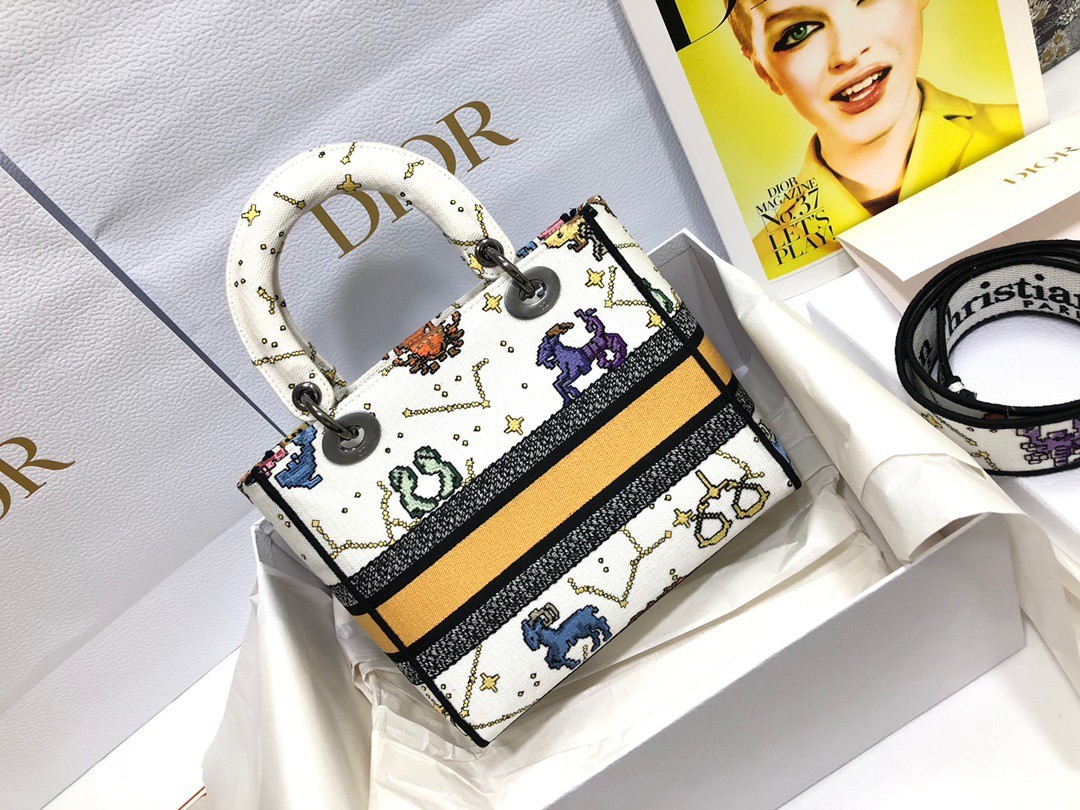 D*or medium lady d-lite bag in white pixel zodiac embroidery
