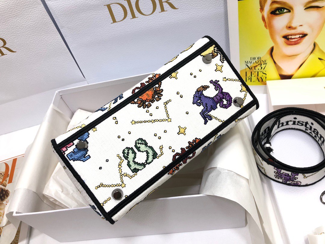 D*or medium lady d-lite bag in white pixel zodiac embroidery