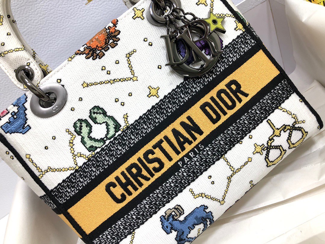 D*or medium lady d-lite bag in white pixel zodiac embroidery