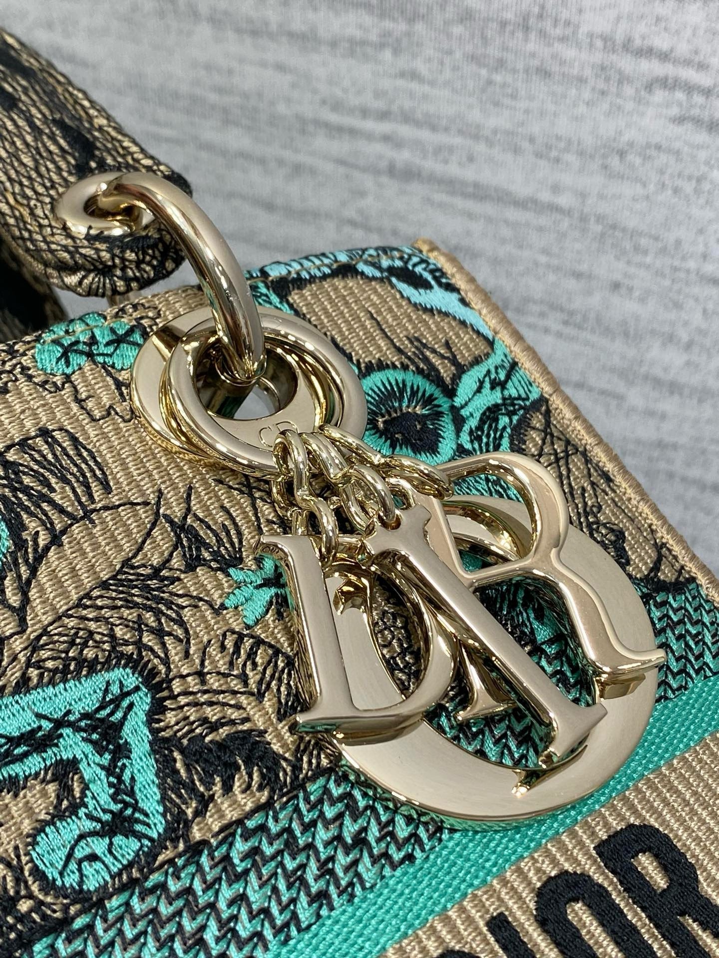 D*or D*oriviera lady d-lite medium bag in raffia with green toile de jouy sauvage embroidery
