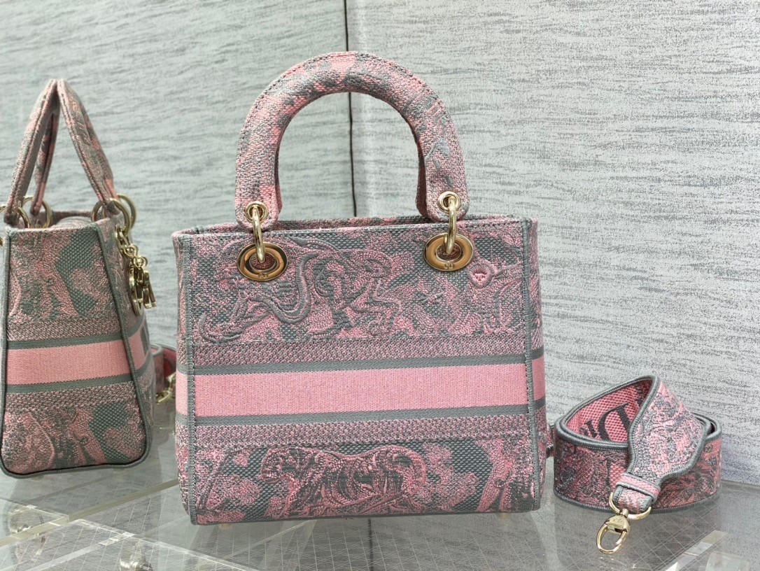 D*or lady d-lite medium bag in grey and pink toile de jouy reverse embroidery