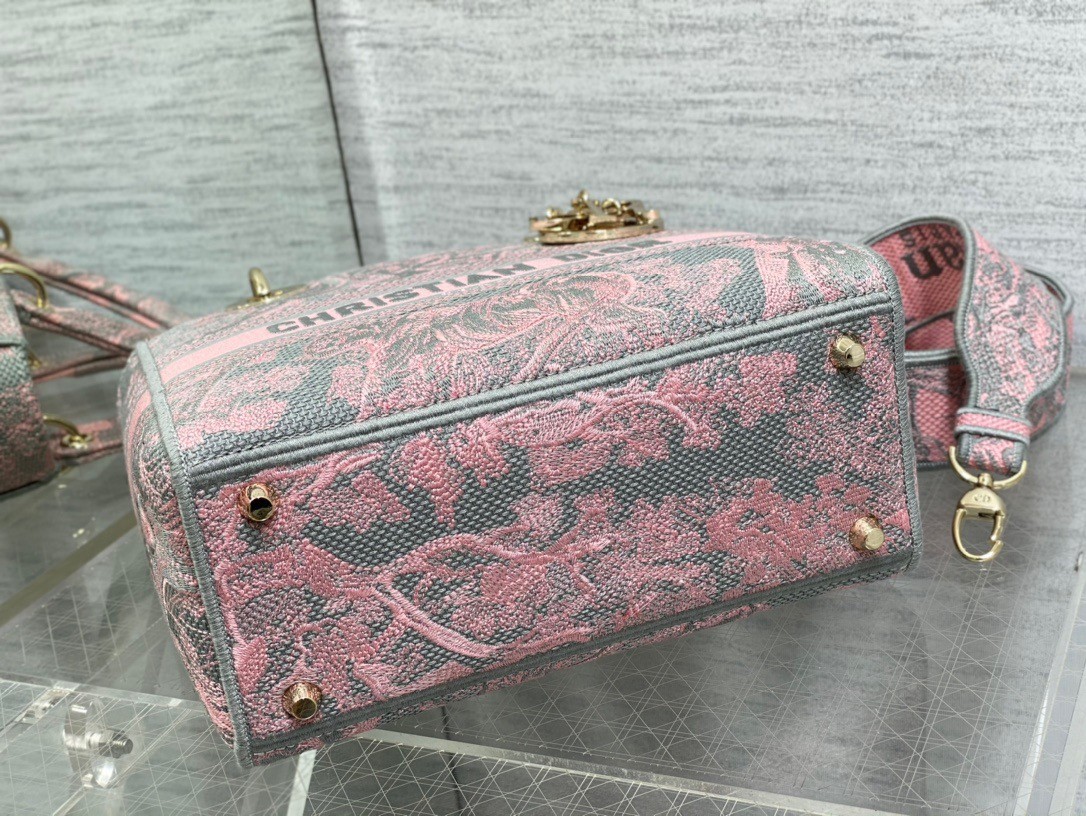 D*or lady d-lite medium bag in grey and pink toile de jouy reverse embroidery