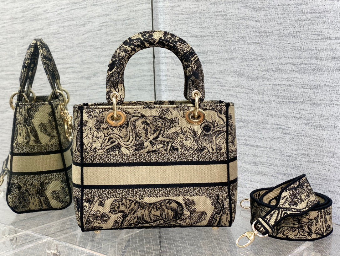 D*or medium lady d-lite bag in brown toile de jouy embroidery