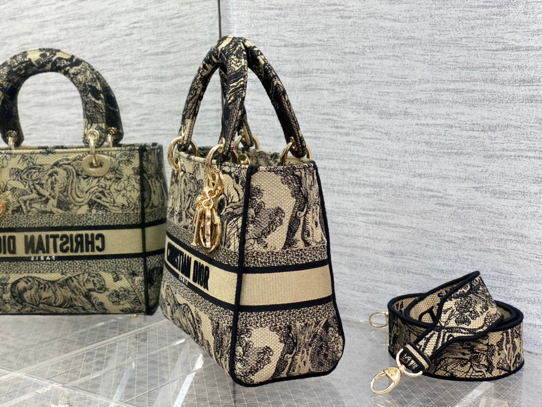 D*or medium lady d-lite bag in brown toile de jouy embroidery