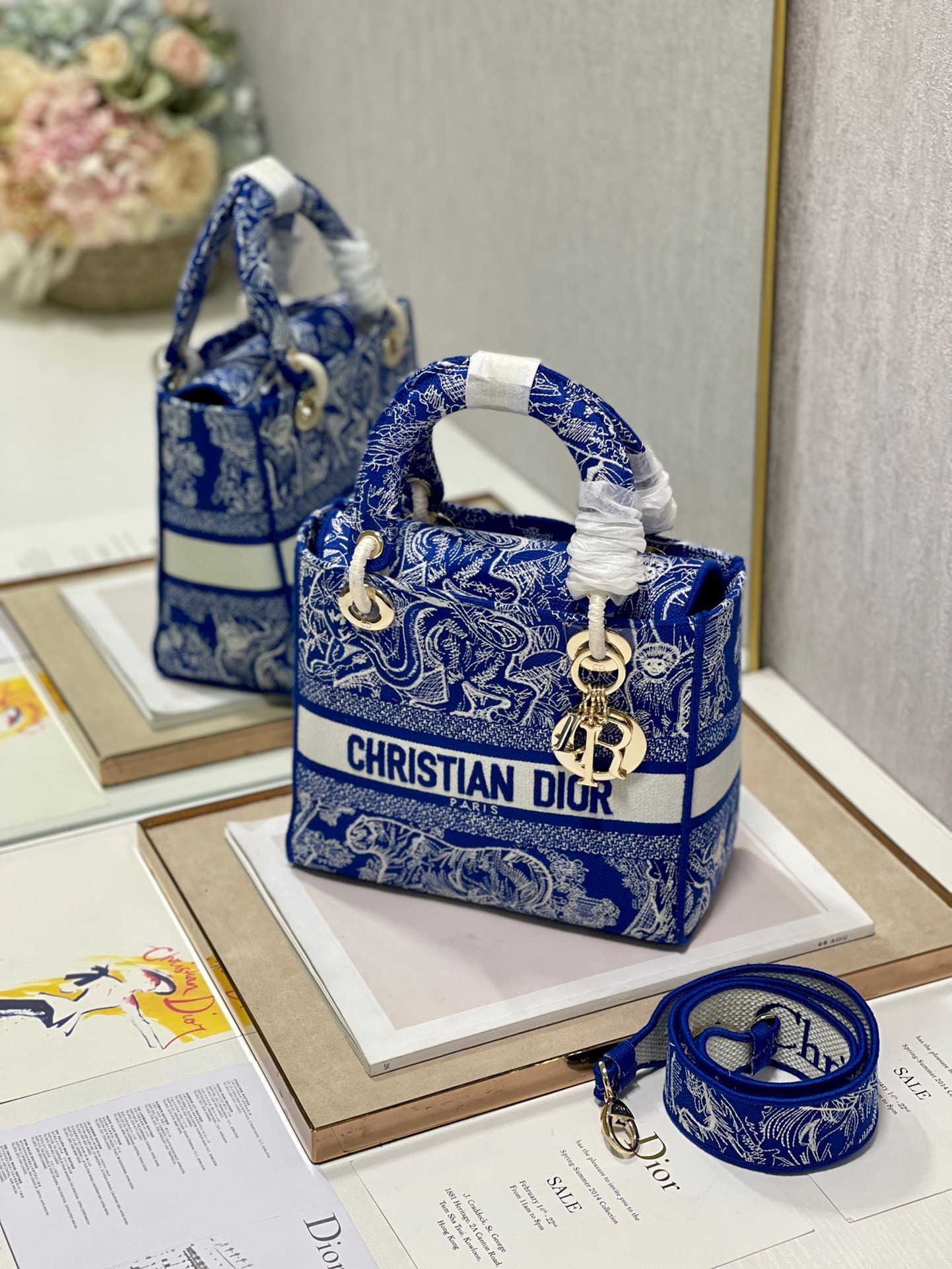 D*or medium lady d-lite bag in fluorescent blue toile de jouy reverse embroidery
