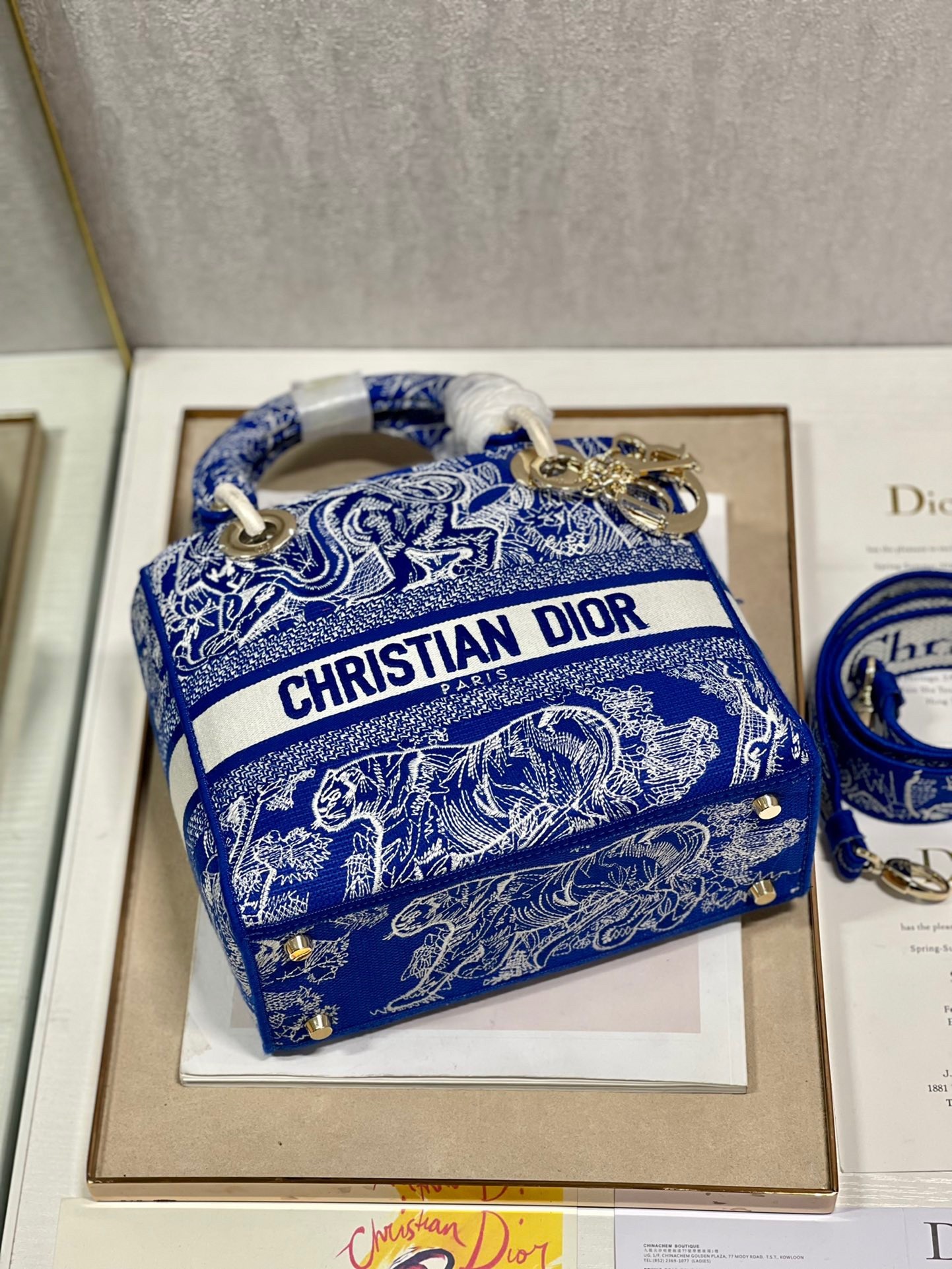 D*or medium lady d-lite bag in fluorescent blue toile de jouy reverse embroidery