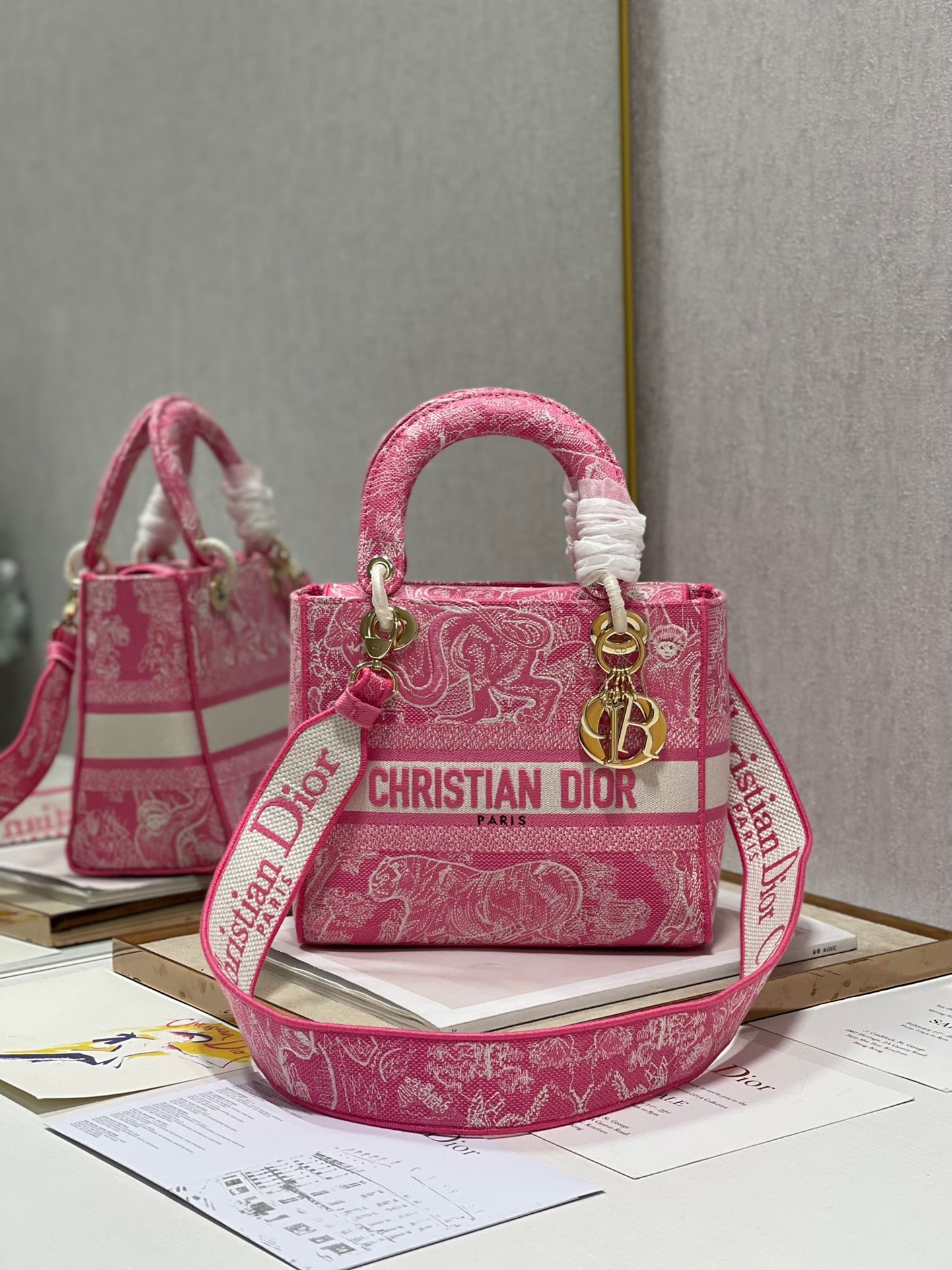 D*or medium lady d-lite bag in fluorescent pink toile de jouy reverse embroidery