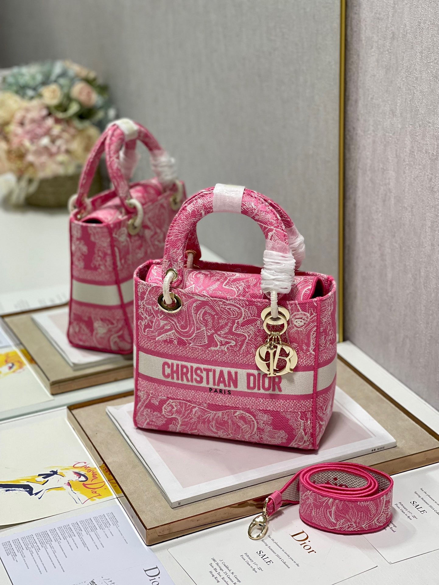 D*or medium lady d-lite bag in fluorescent pink toile de jouy reverse embroidery