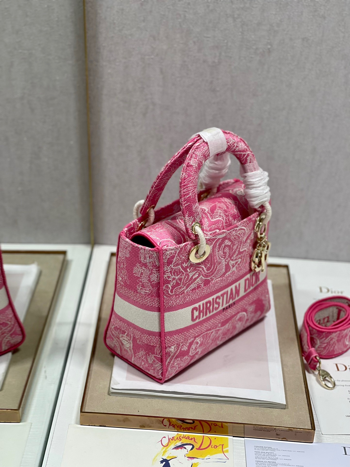 D*or medium lady d-lite bag in fluorescent pink toile de jouy reverse embroidery