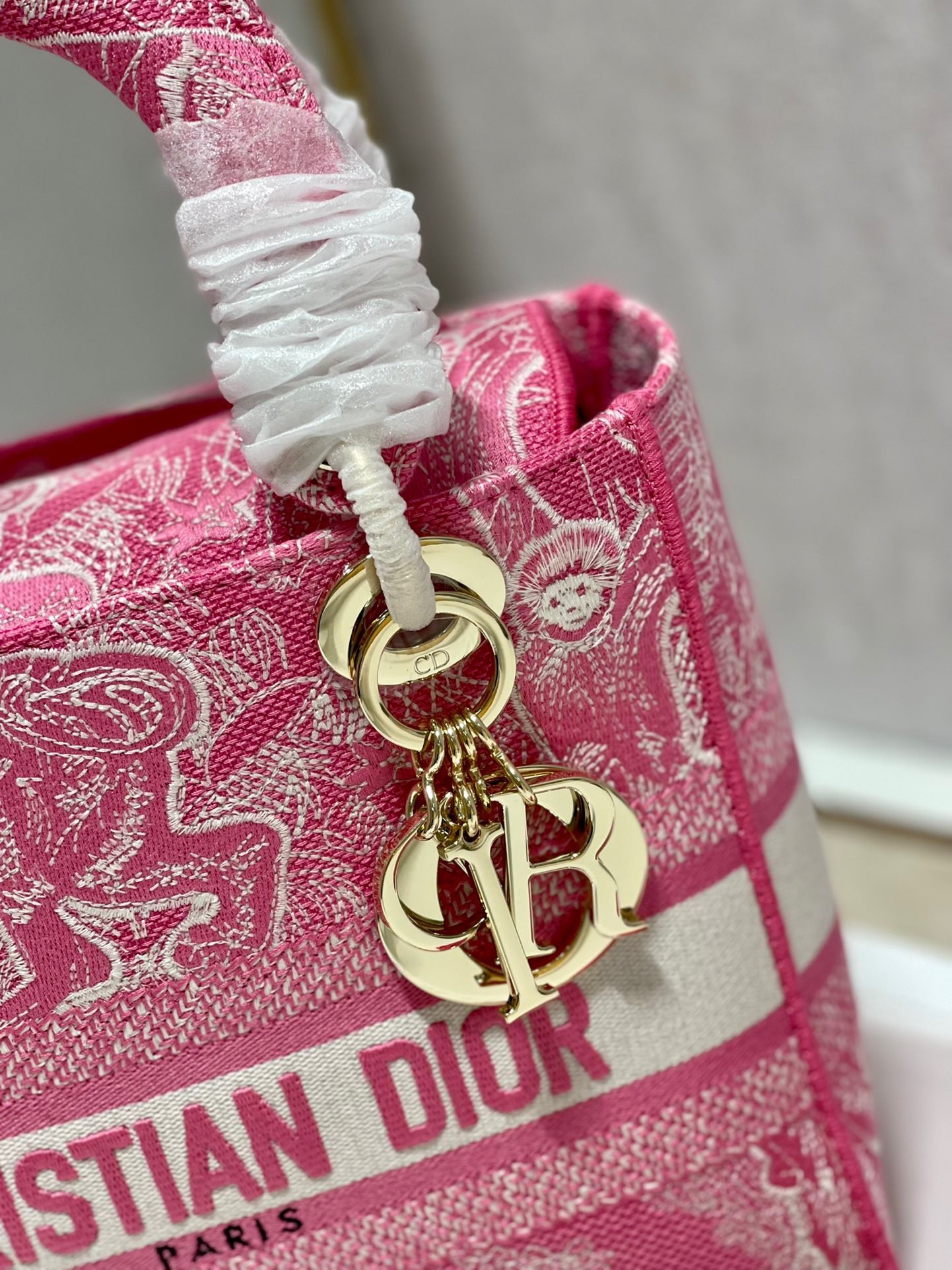 D*or medium lady d-lite bag in fluorescent pink toile de jouy reverse embroidery