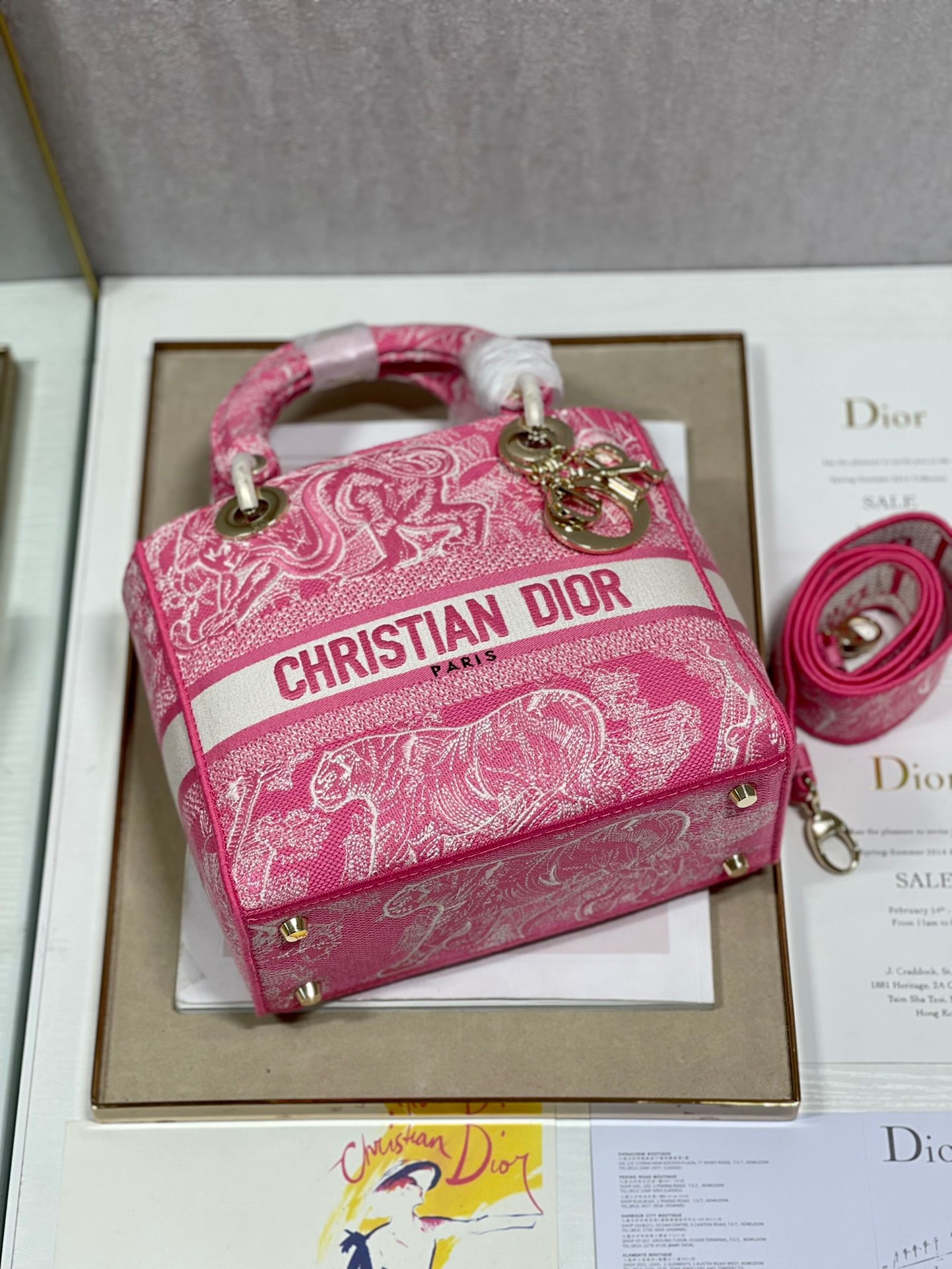 D*or medium lady d-lite bag in fluorescent pink toile de jouy reverse embroidery