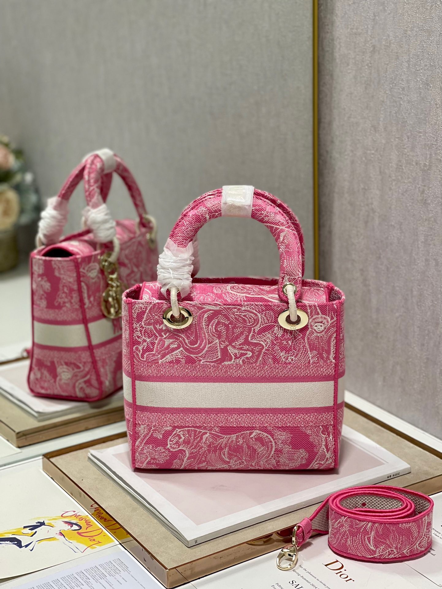D*or medium lady d-lite bag in fluorescent pink toile de jouy reverse embroidery