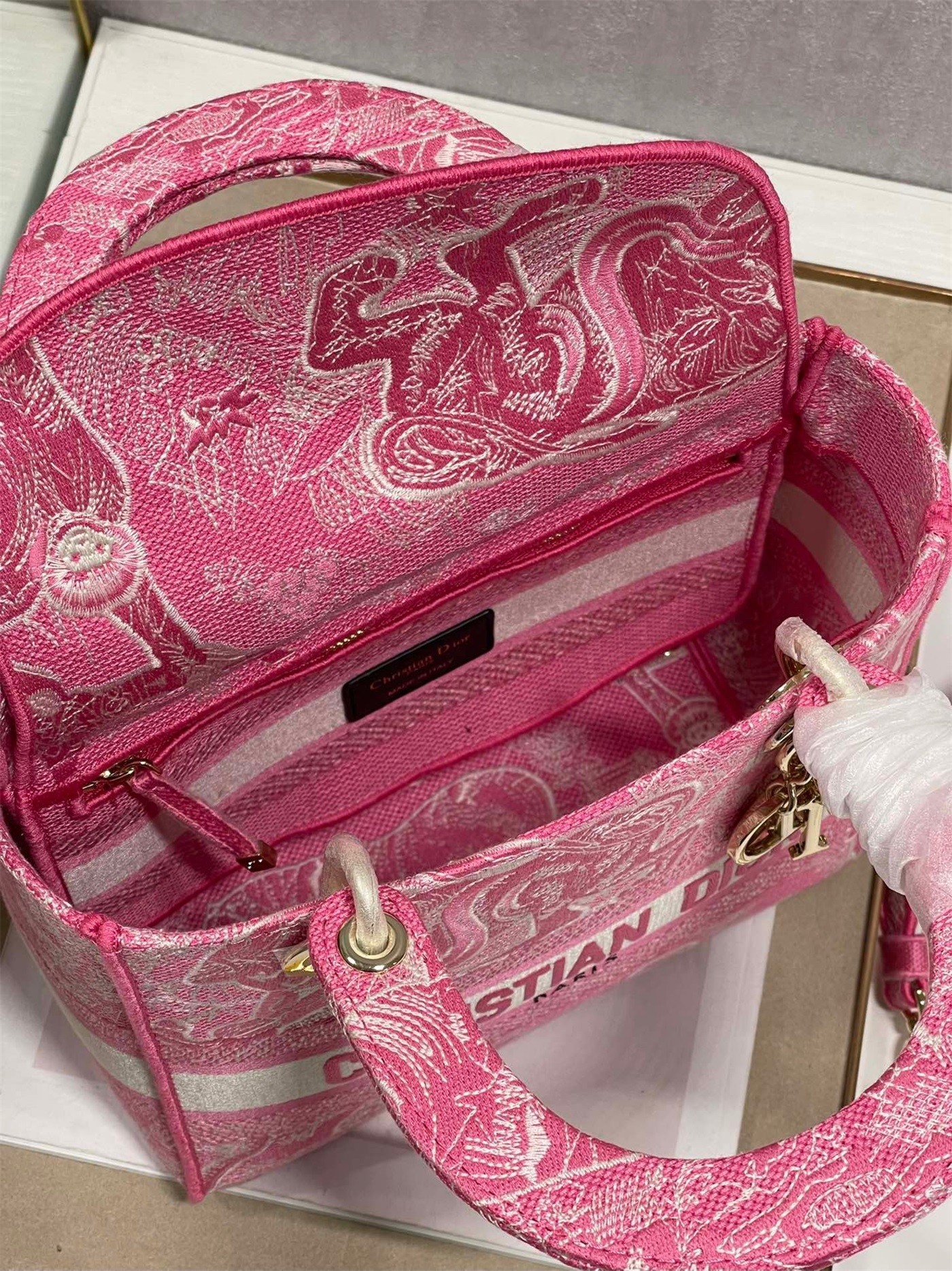 D*or medium lady d-lite bag in fluorescent pink toile de jouy reverse embroidery