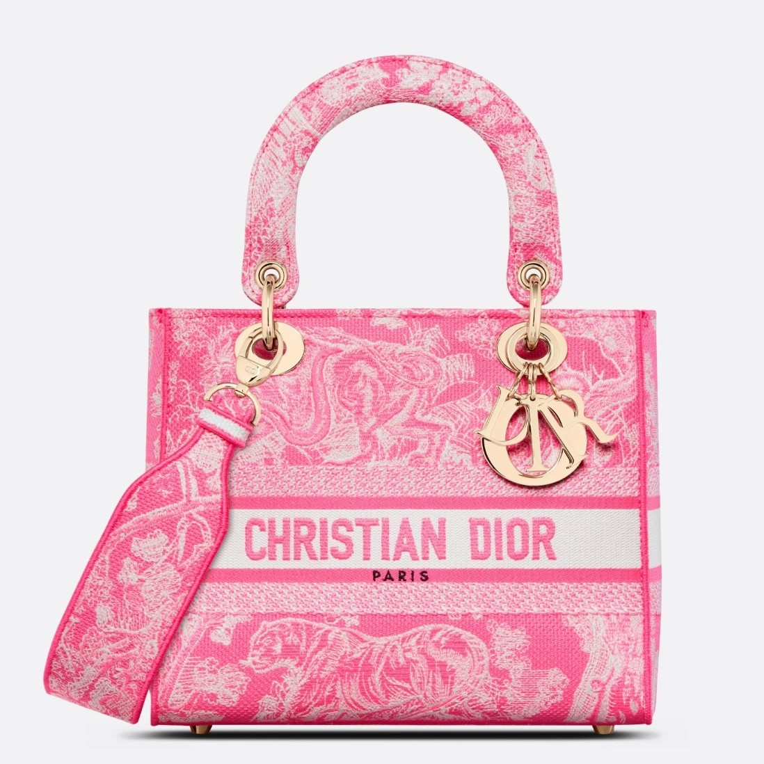 D*or medium lady d-lite bag in fluorescent pink toile de jouy reverse embroidery