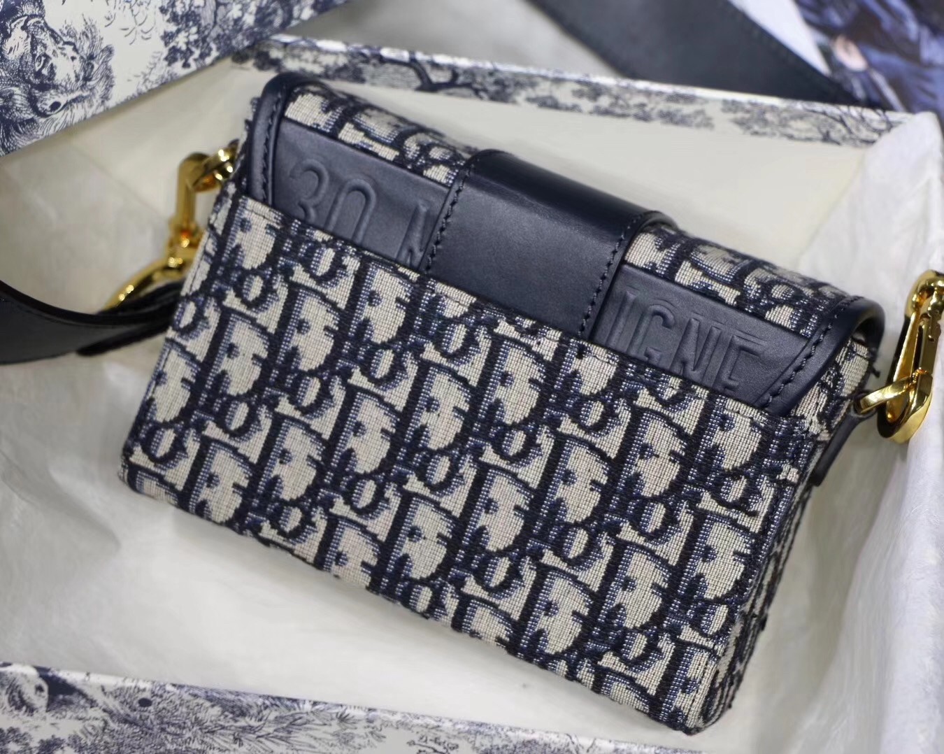 D*or 30 montaigne box bag in blue oblique canvas