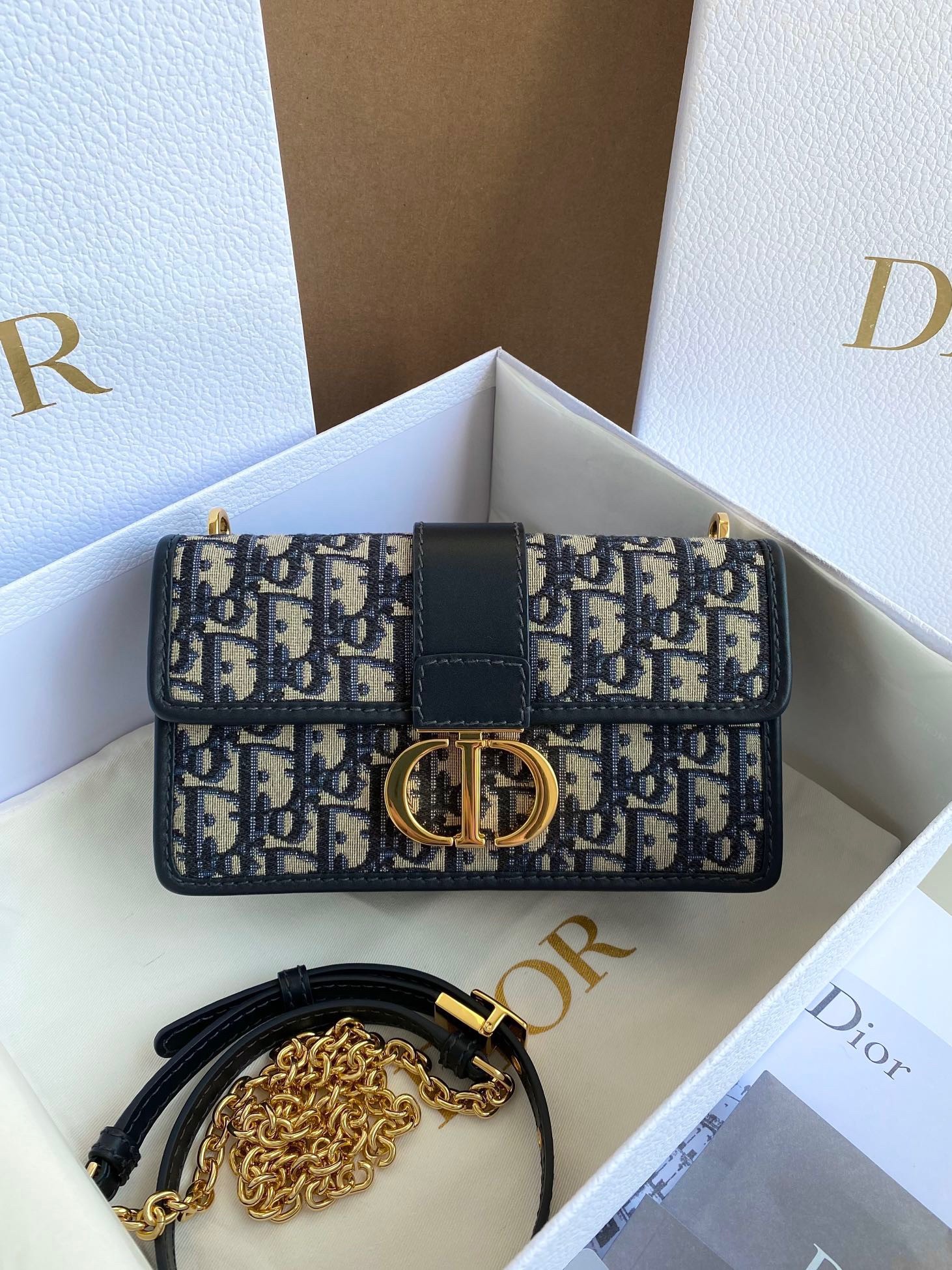 D*or 30 montaigne east-west bag with chain in blue oblique jacquard