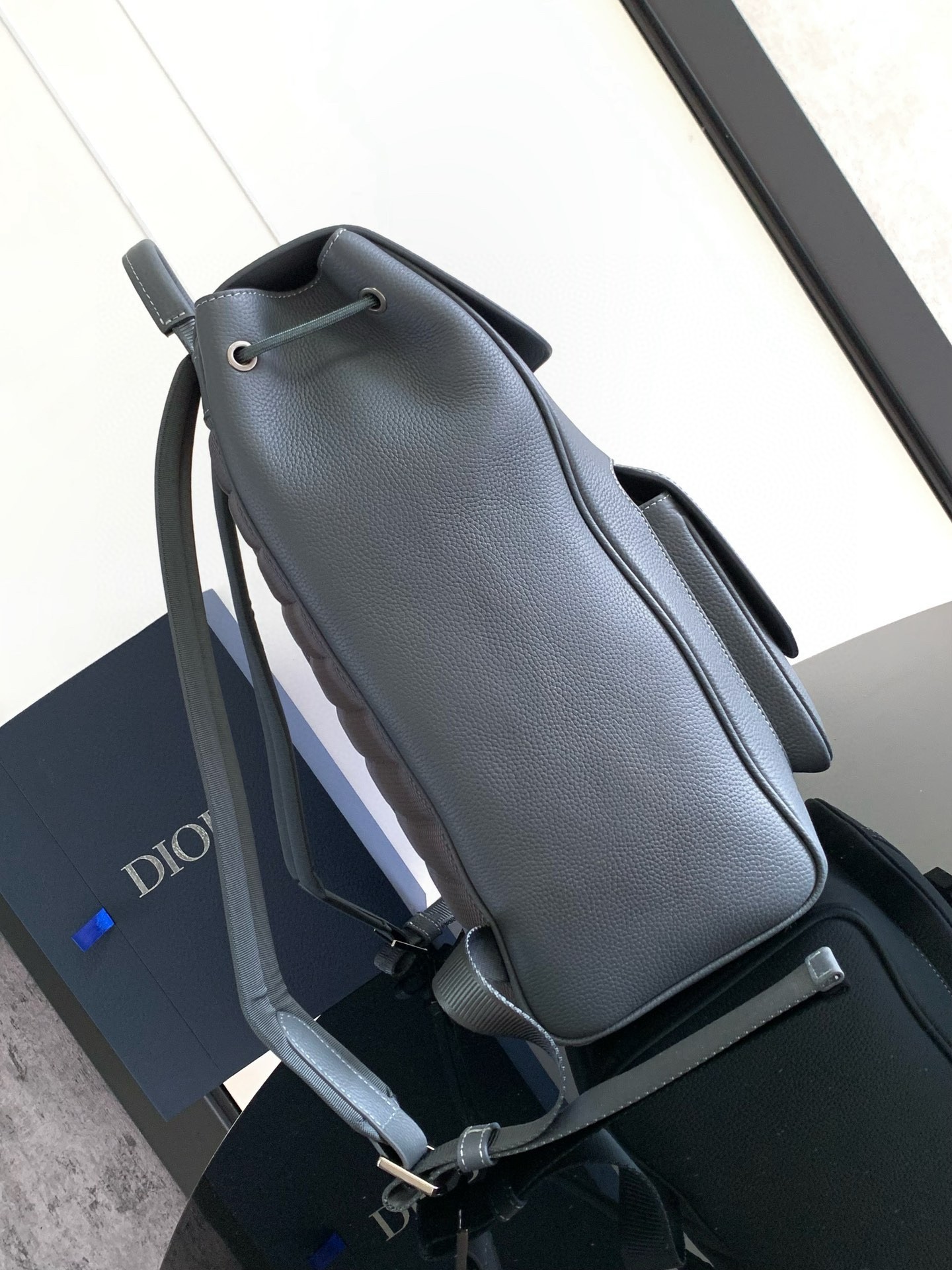 D*or saddle backpack with flap in grey grained calfskin