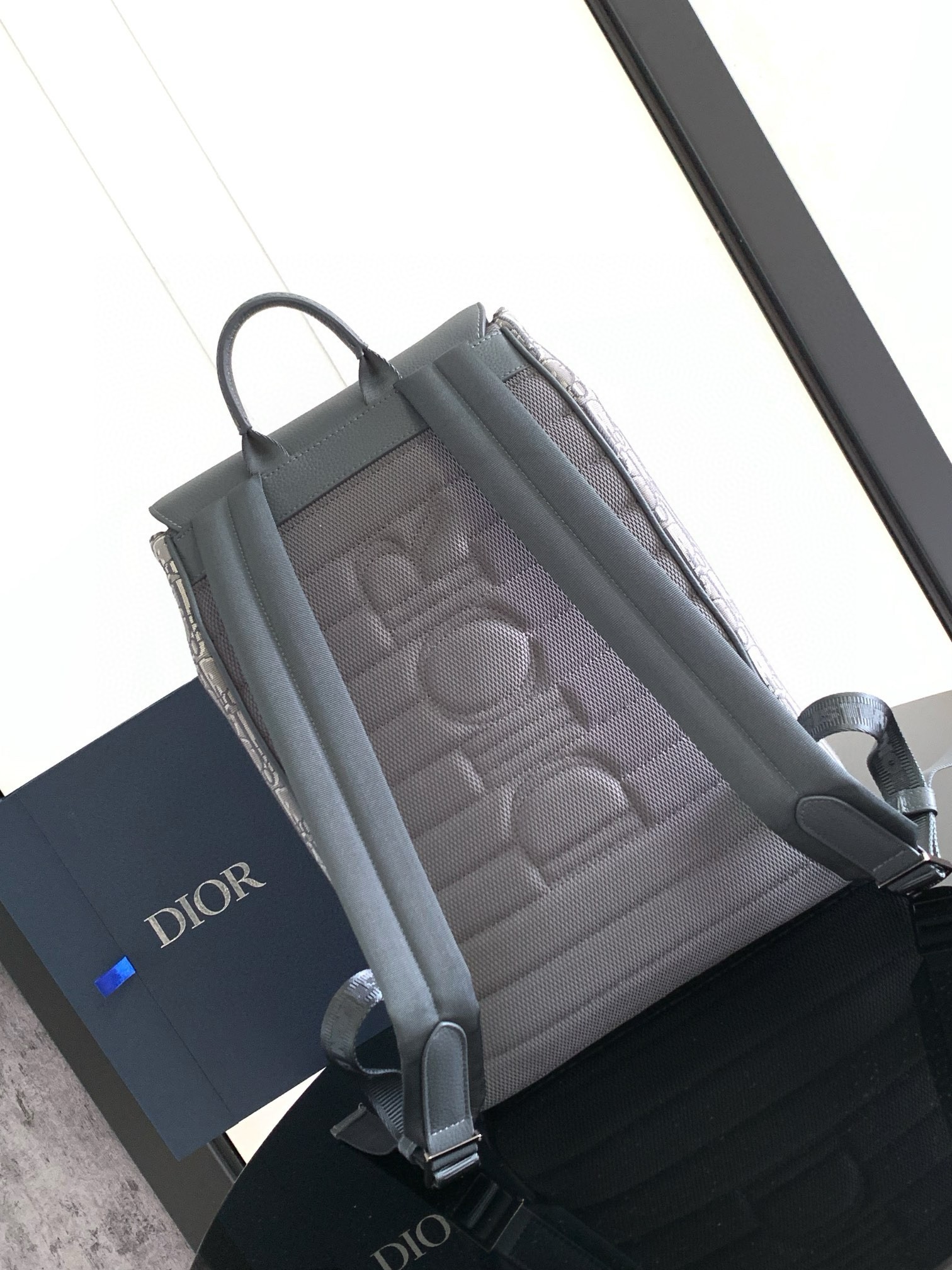D*or saddle backpack with flap in grey oblique jacquard