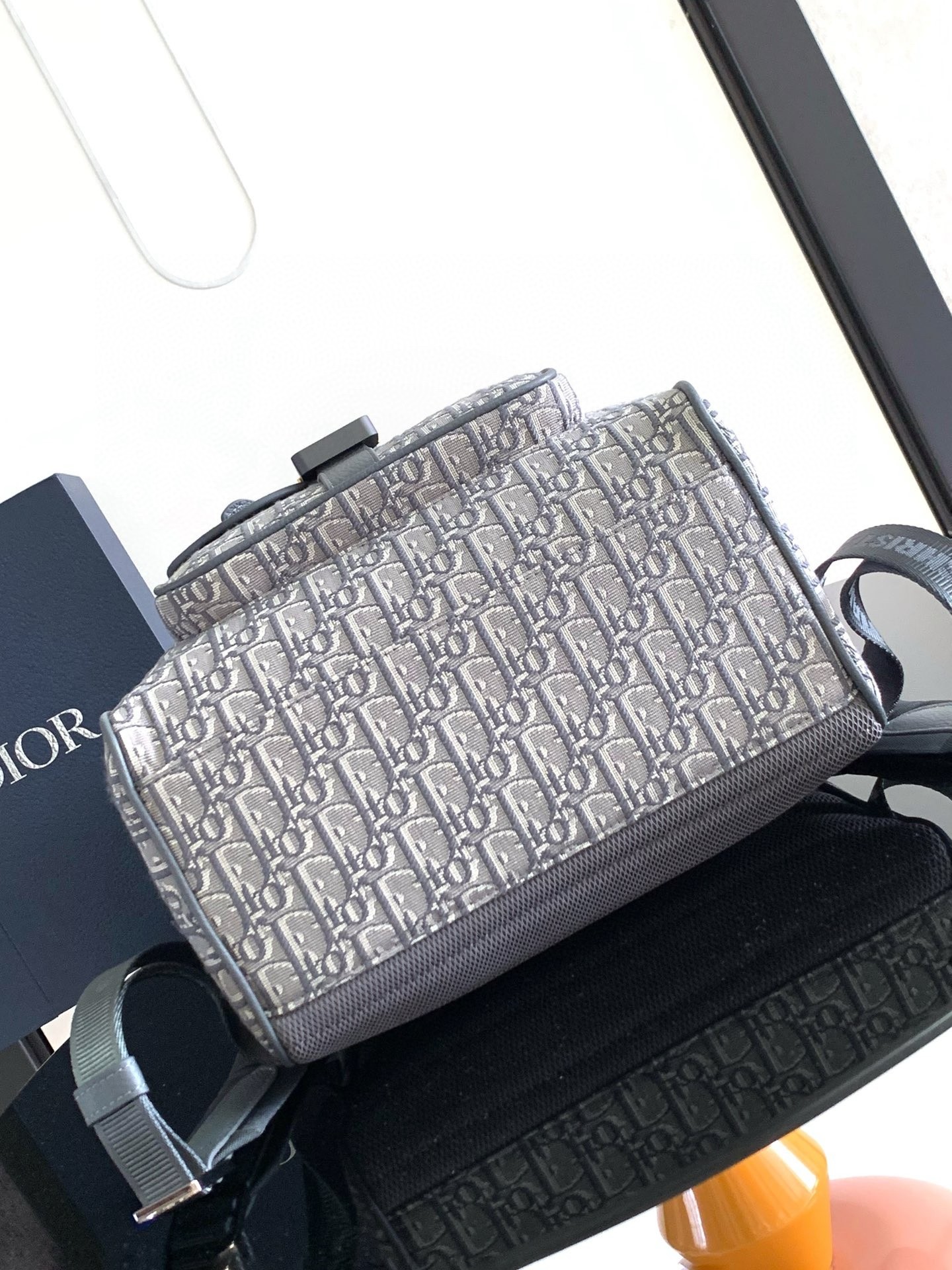 D*or saddle backpack with flap in grey oblique jacquard