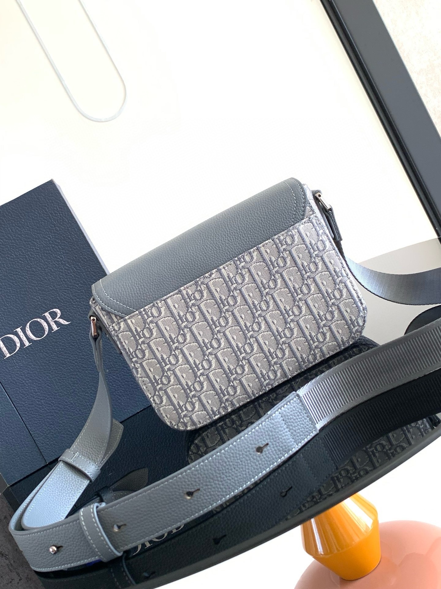D*or small saddle messenger bag in grey oblique jacquard and calfskin