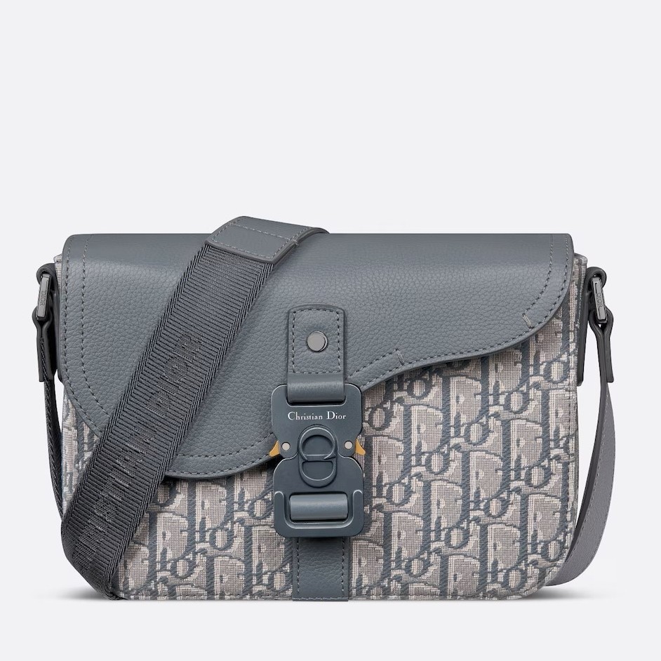 D*or small saddle messenger bag in grey oblique jacquard and calfskin
