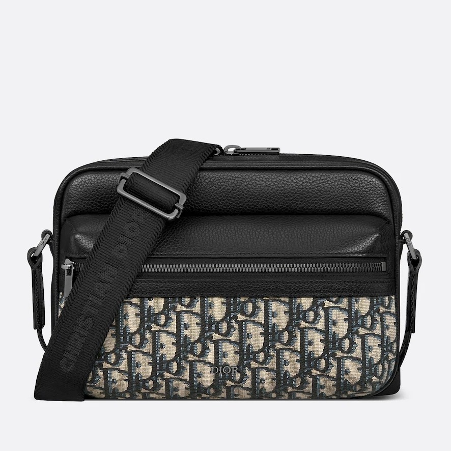 D*or rider 2.0 zipped messenger bag in beige oblique with black leather