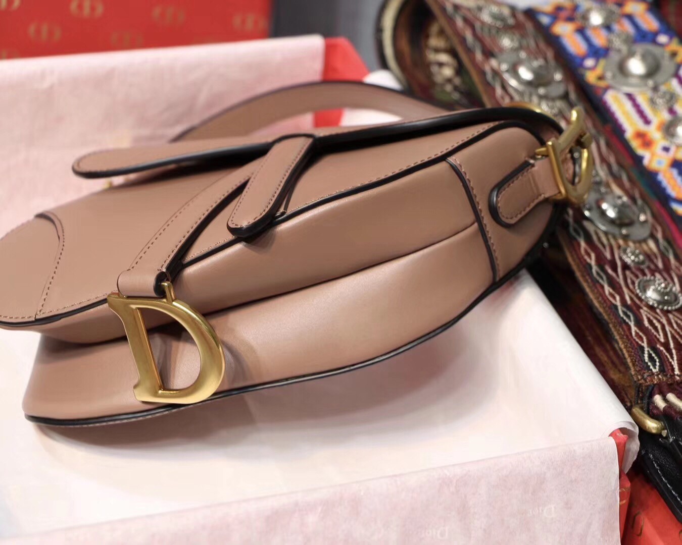 D*or mini saddle bag in nude calfskin