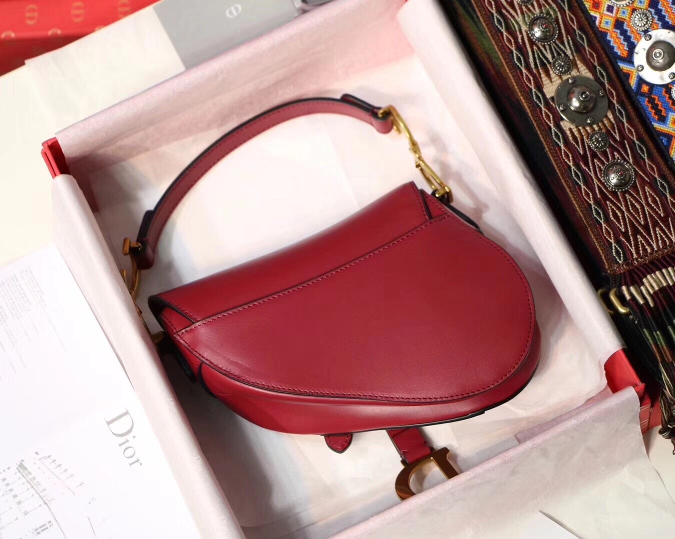 D*or mini saddle bag in red calfskin