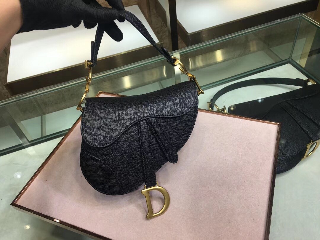D*or mini saddle bag in black grained calfskin