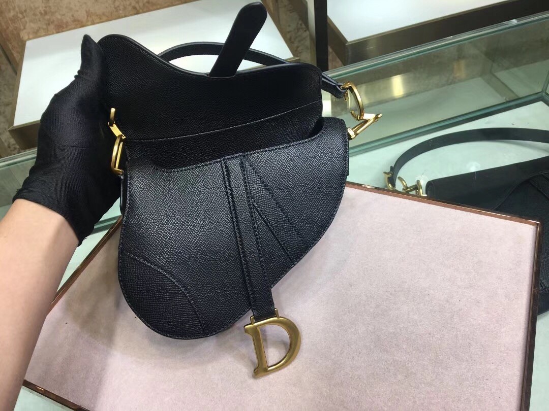 D*or mini saddle bag in black grained calfskin