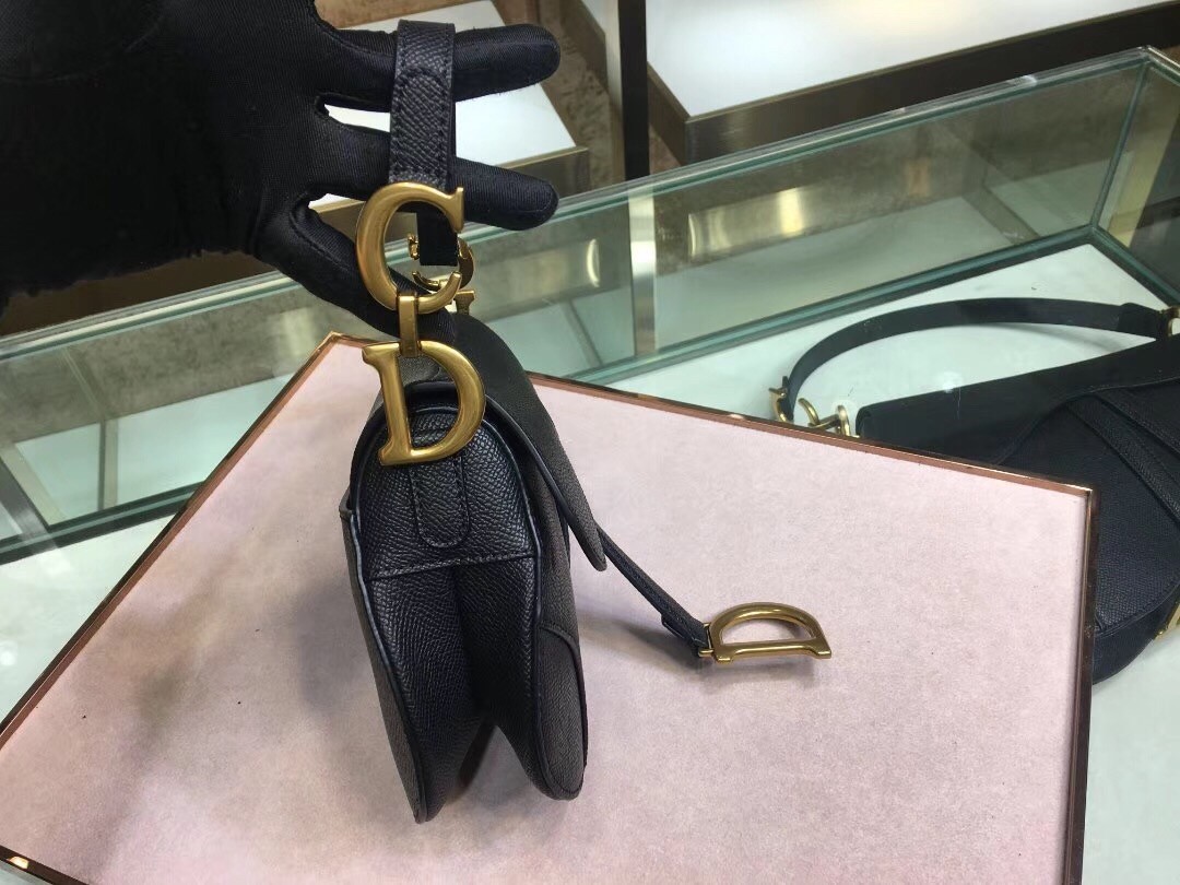 D*or mini saddle bag in black grained calfskin