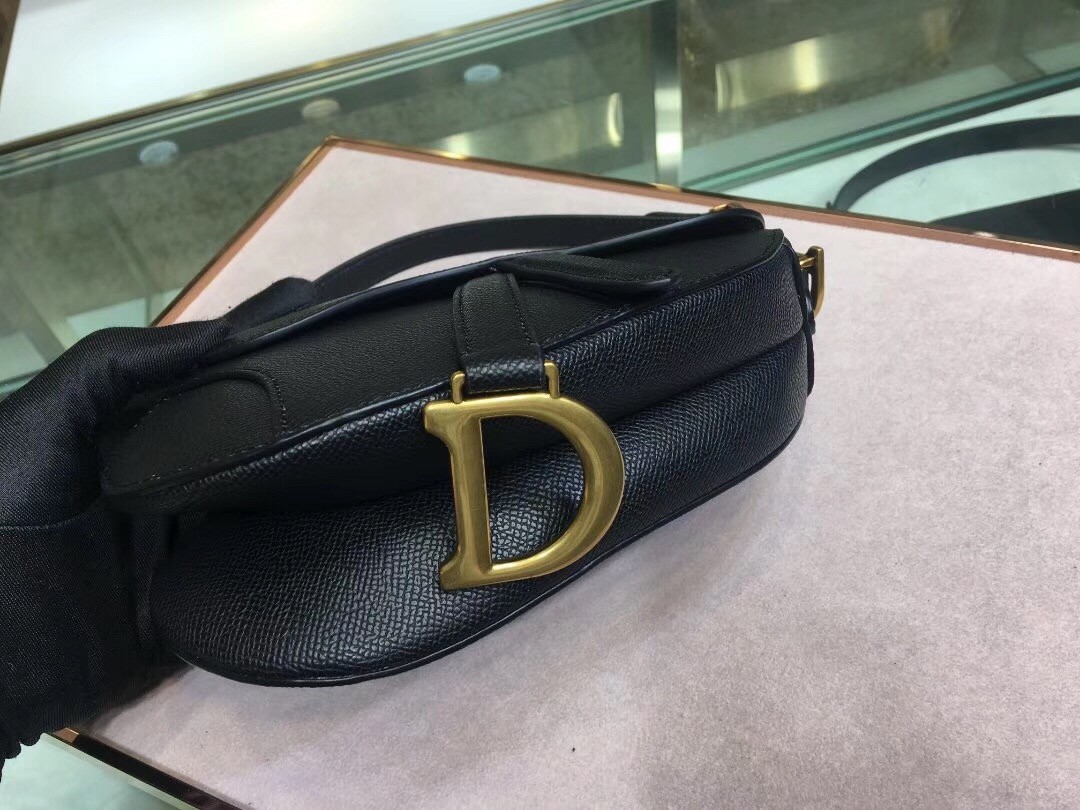 D*or mini saddle bag in black grained calfskin