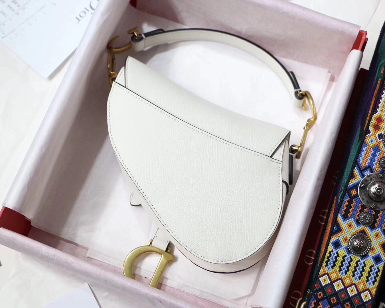 D*or mini saddle bag in white grained calfskin