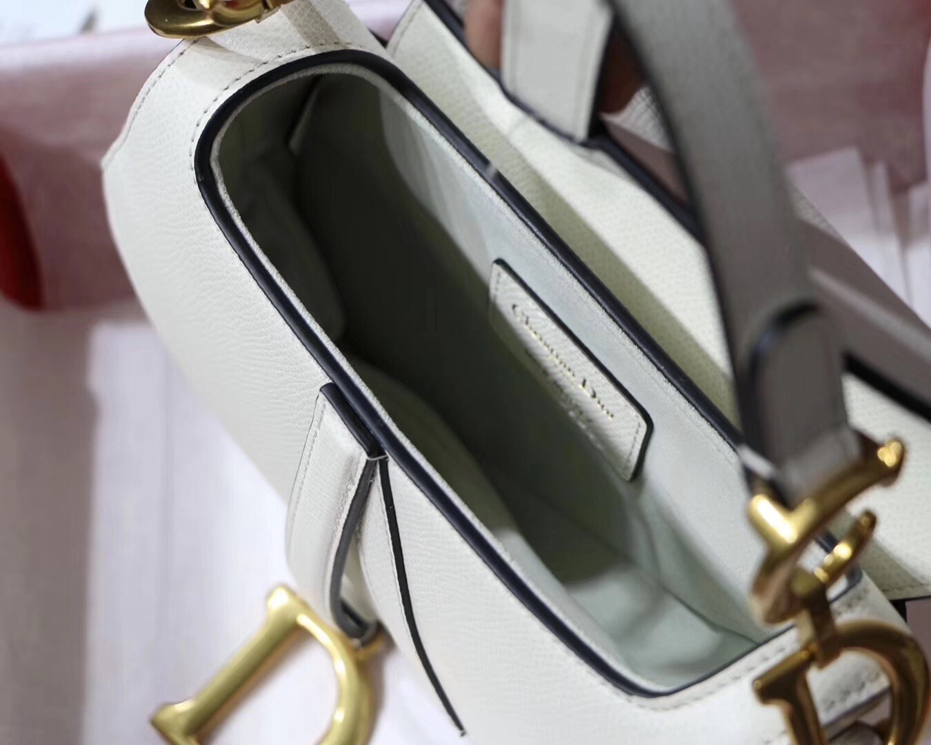 D*or mini saddle bag in white grained calfskin