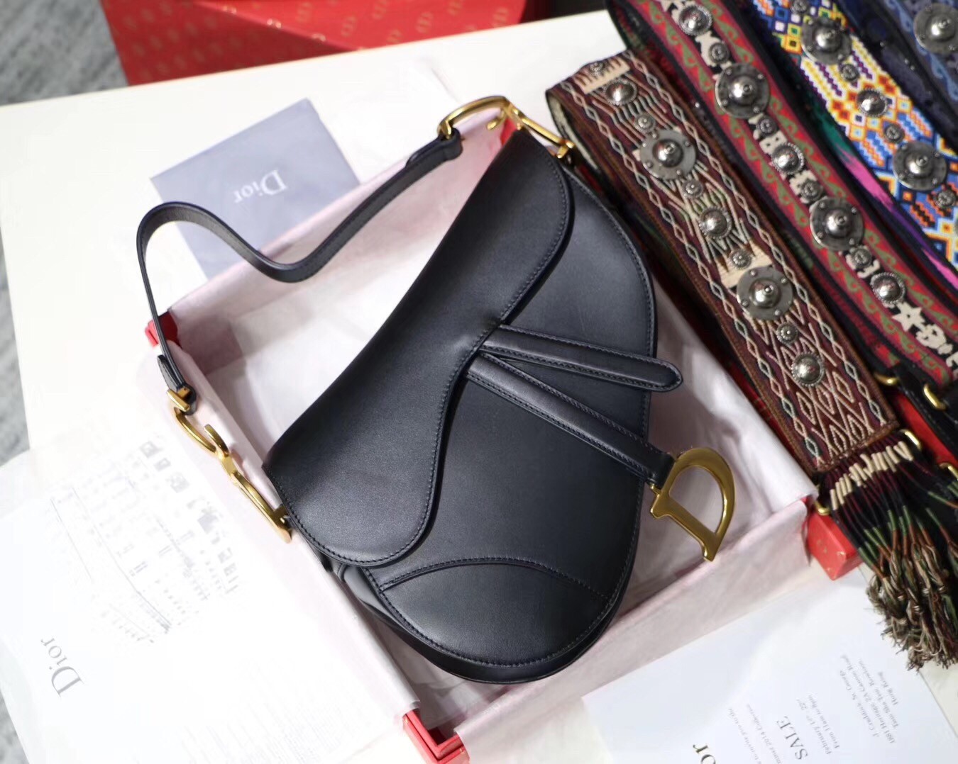 D*or saddle bag in black calfskin