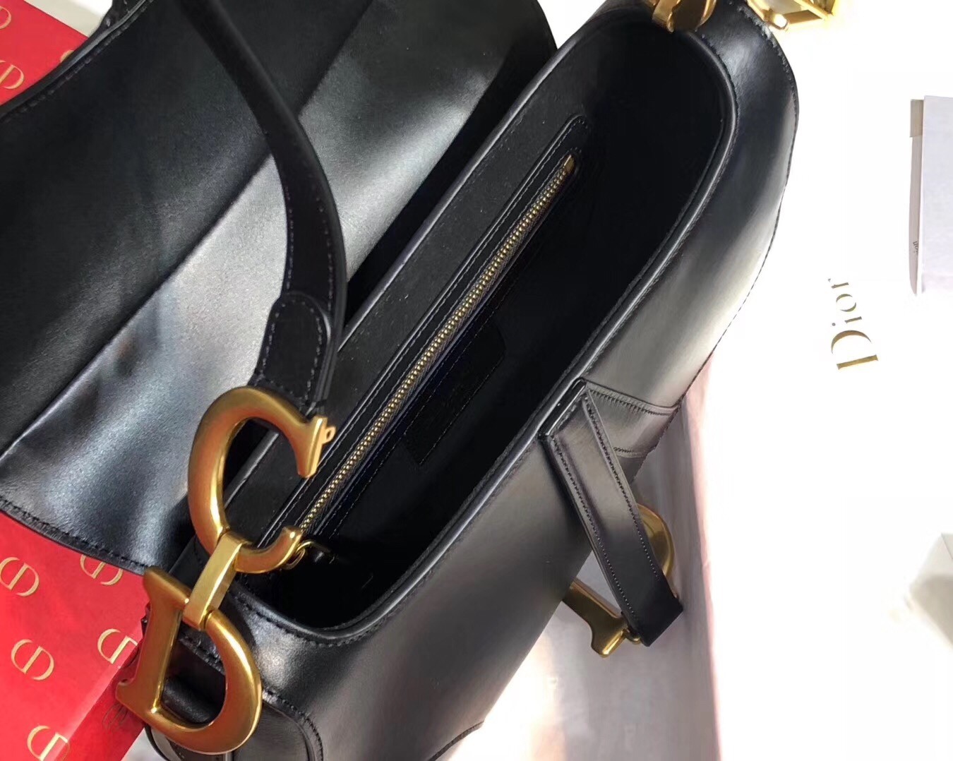 D*or saddle bag in black calfskin